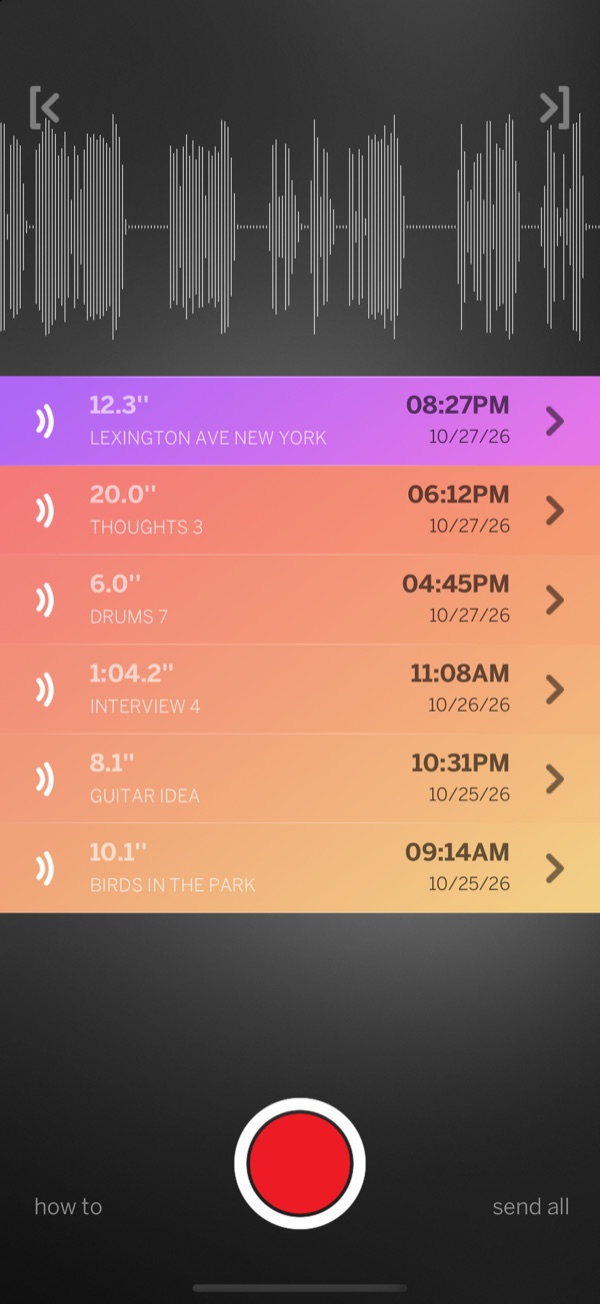 The Many Sounds screen: a waveform above a list of named recordings and a red record button