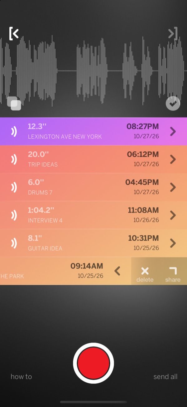 A recording swiped open to show delete and share buttons